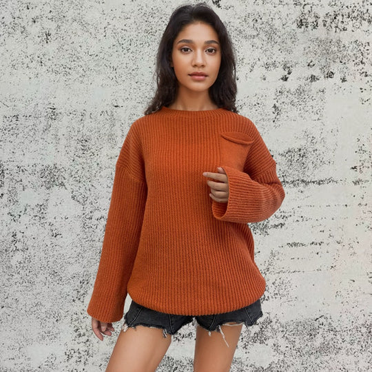 Damen Grob gestrickter Pullover mit lässigem Schnitt und praktischer Tasche Heidi-Mode