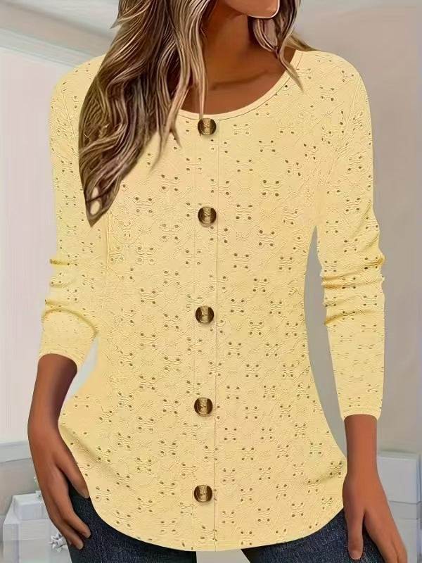 Damen Langarm Blusenshirt mit dekorativen Knopfdetails und filigranem Lochmuster Heidi-Mode