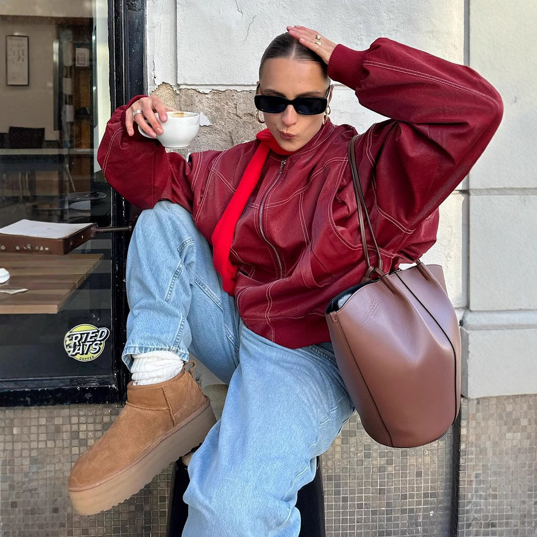 Damen modische Lederjacke mit strukturiertem Kragen und praktischen Taschen Heidi-Mode