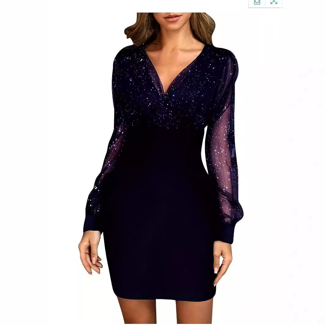 Damen Glitzerndes Cocktailkleid mit transparenten Ärmeln Heidi-Mode