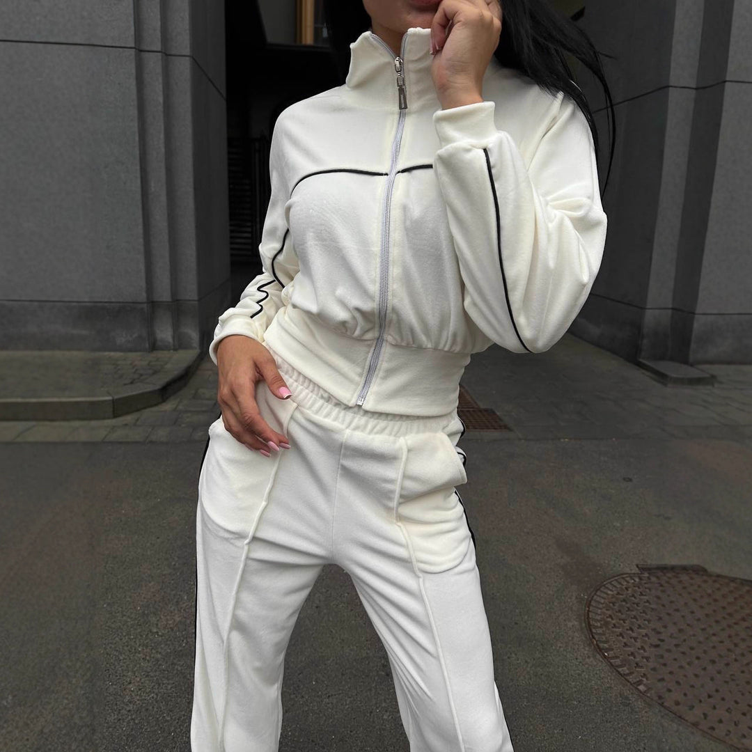 Damen sportliches Cropped Fleece-Set mit hohem Kragen und Reißverschluss Heidi-Mode