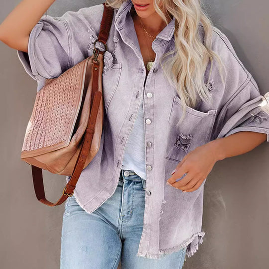 Damen Oversize Denimjacke mit Raffung und fransigem Saum Heidi-Mode