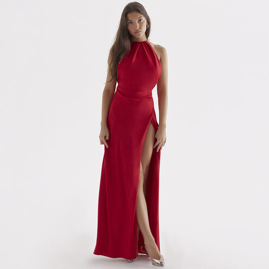 Damen Abendkleid mit hohem Schlitz und eleganter Halter-Nackenpartie Heidi-Mode