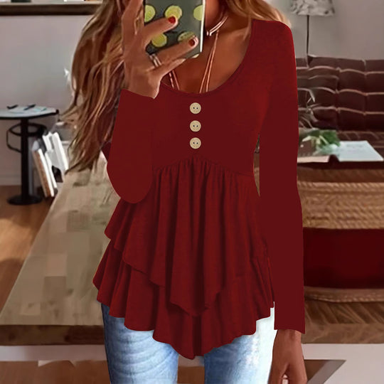 Damen Langarm Blusenshirt mit mehrlagigem Design und dekorativen Knopfdetails Heidi-Mode