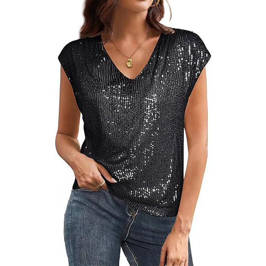 Heidi Mode | Damen Sexy V-Ausschnitt Pailletten Perlglanz Weste