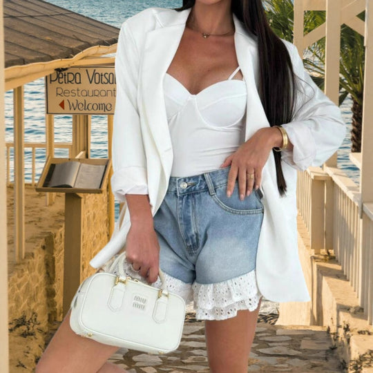 Damen Denim-Shorts mit verspieltem Rüschensaum und hohem Taillenbund Heidi-Mode
