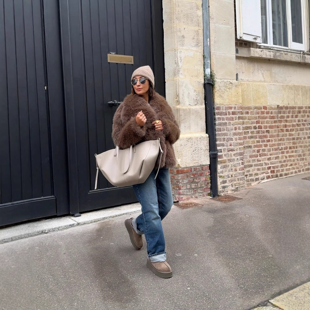 Damen Kunstpelz-Jacke mit breitem Kragen und luxuriösem Look Heidi-Mode