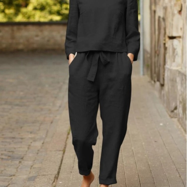 Damen Leinenanzug mit kurzem Oberteil und elastischem Bund Heidi-Mode