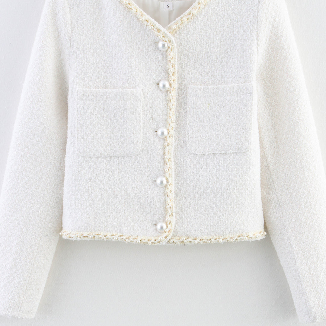 Damen modische Bouclé-Jacke mit eleganten Taschen und perlverzierten Knöpfen Heidi-Mode