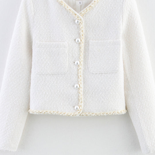 Damen modische Bouclé-Jacke mit eleganten Taschen und perlverzierten Knöpfen Heidi-Mode