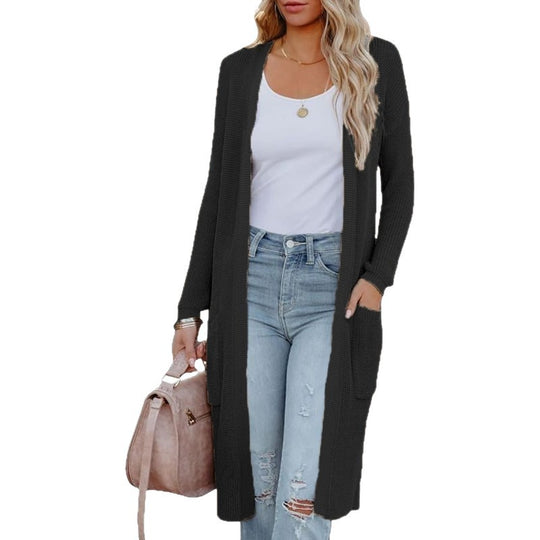 Damen Langer Strickcardigan mit elegantem offenes Design und praktischen Taschen Heidi-Mode