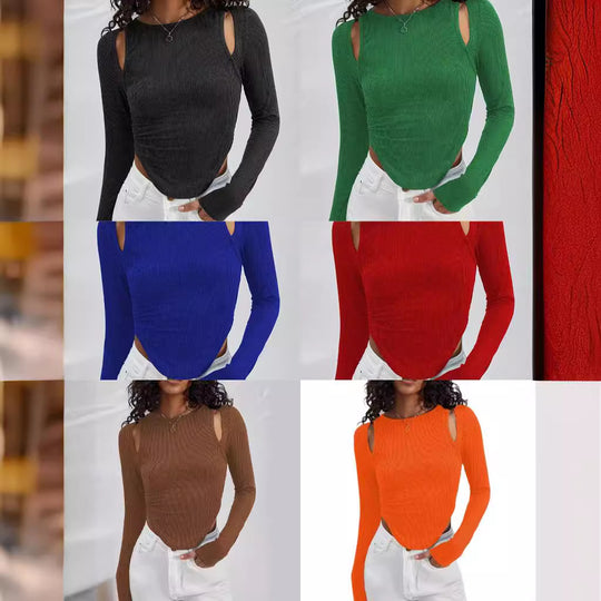 Damen Langarmshirt mit asymmetrischem Cut-Out und Rippstruktur Heidi-Mode