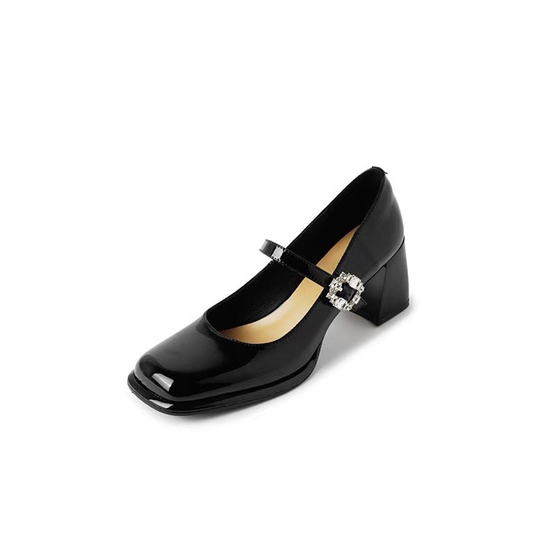 Damen Lackleder Blockabsatz Mary Jane Schuhe mit dekorativem Schnallen Heidi-Mode