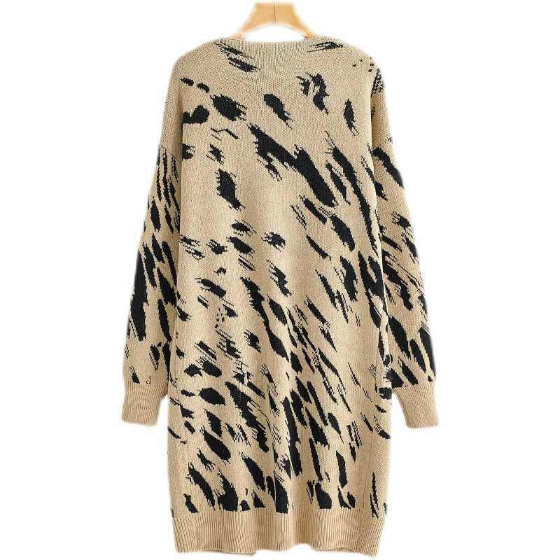 Damen Grobstrick-Cardigan mit modischem Leopardenmuster und praktischen Taschen Heidi-Mode