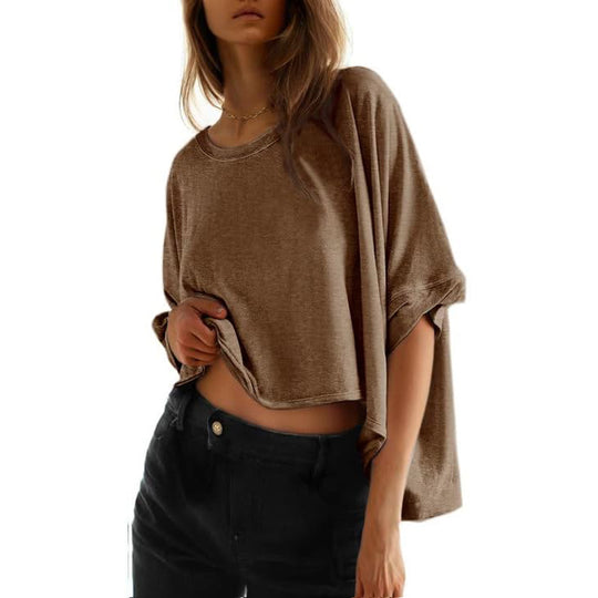Damen lässiges cropped Oberteil mit weiten Ärmeln und Rundhalsausschnitt Heidi-Mode