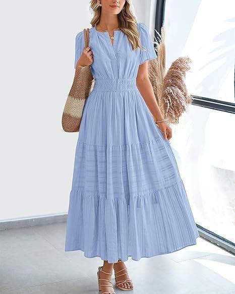 Damen Maxikleid mit modischem V-Ausschnitt und luftigen Rüschen Heidi-Mode