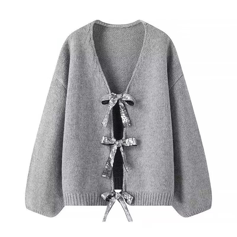 Damen luftige Strickjacke mit Schimmerndem Bindegürtel Heidi-Mode