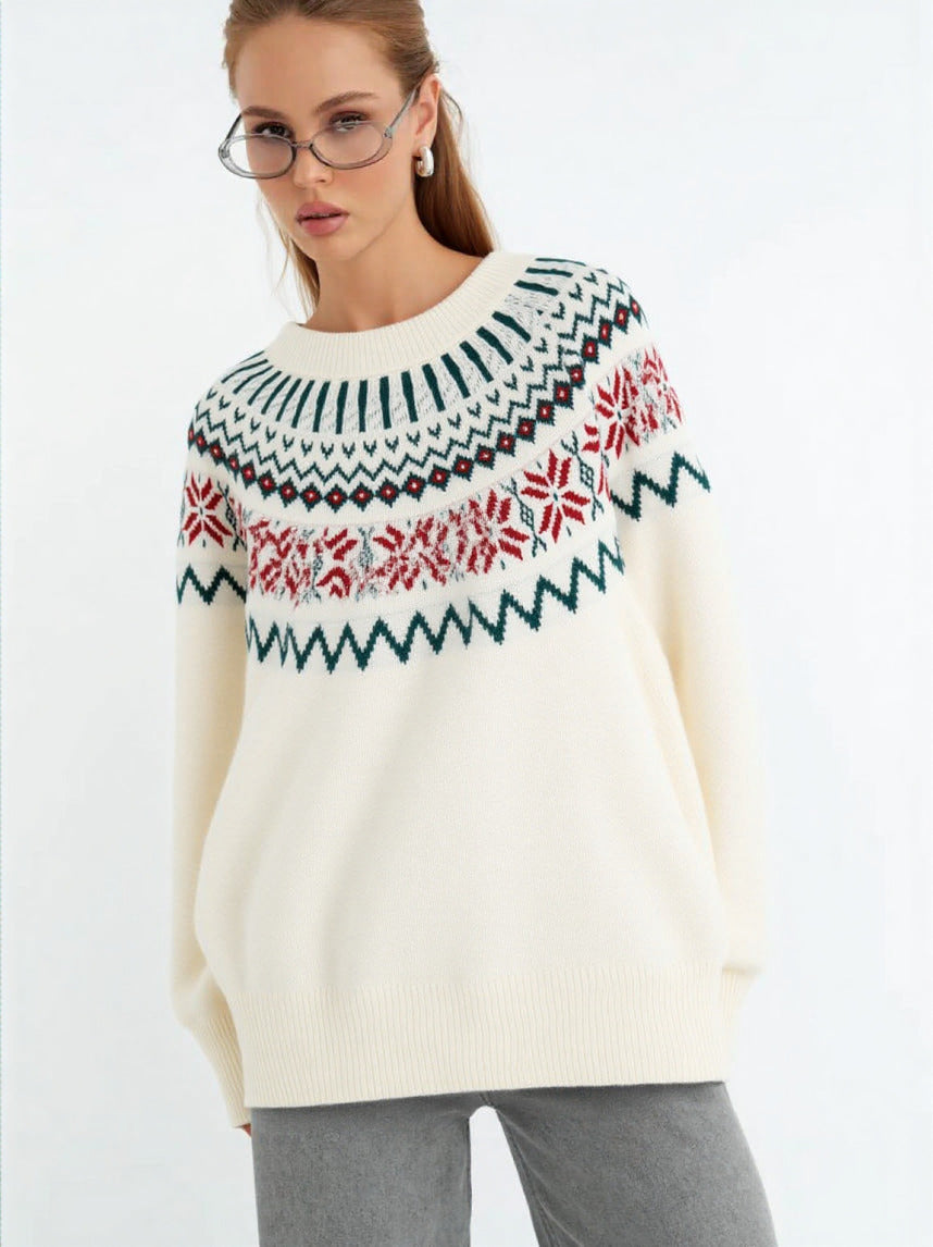 Damen Strickpullover mit festlichem Norweger-Motiv und weitem Schnitt Heidi-Mode