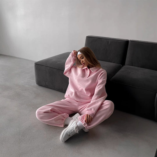 Damen lässiges Sweatshirt- und weite Jogginghose-Set mit modernem Kragen Heidi-Mode