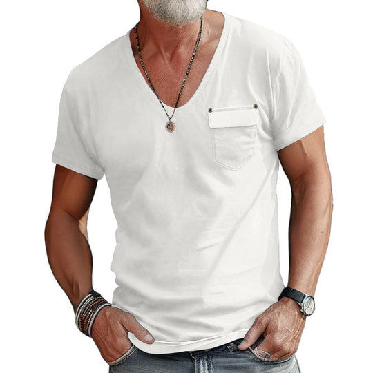 Herren T-Shirt mit V-Ausschnitt und praktischer Brusttasche Heidi-Mode