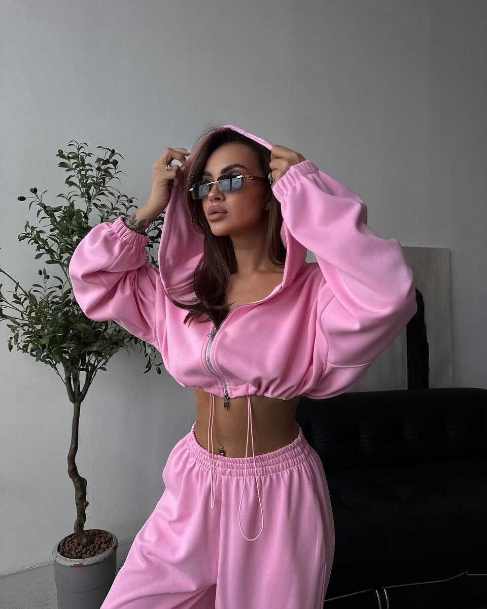 Damen Lässiger Cropped Hoodie mit hoher Taille und weitem Hosen Heidi-Mode