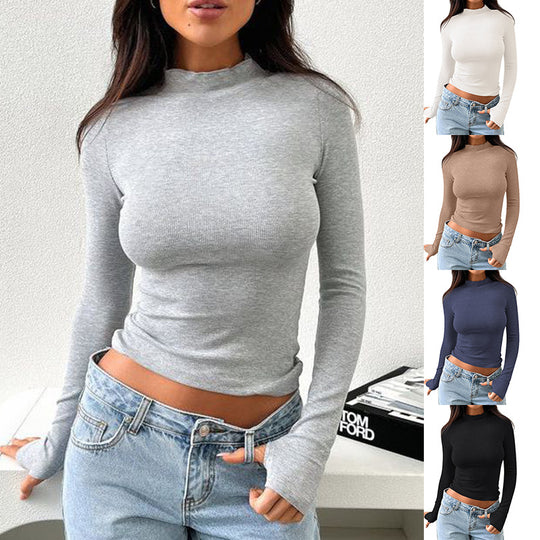 Damen hochwertiges Langarmshirt mit Stehkragen und feiner Rippstruktur Heidi-Mode