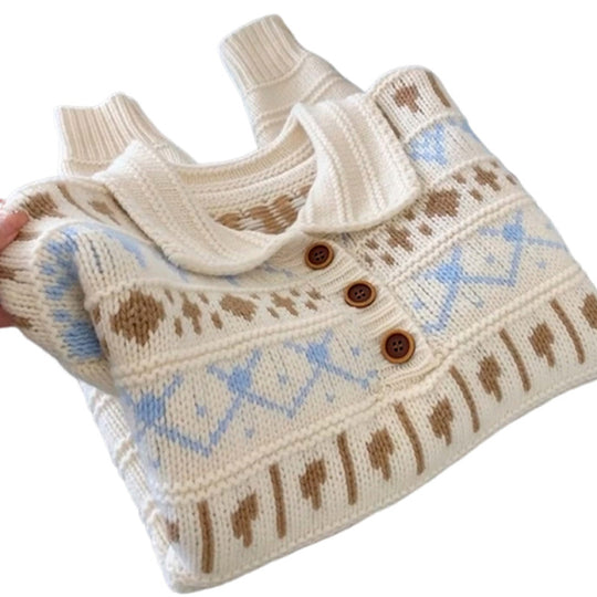 Damen Grobstrickpullover mit liebevollem Grafikumfang und romantischem Kragen Heidi-Mode