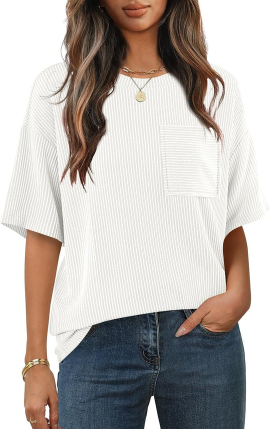 Damen lässiges gestreiftes T-Shirt mit Brusttasche Heidi-Mode