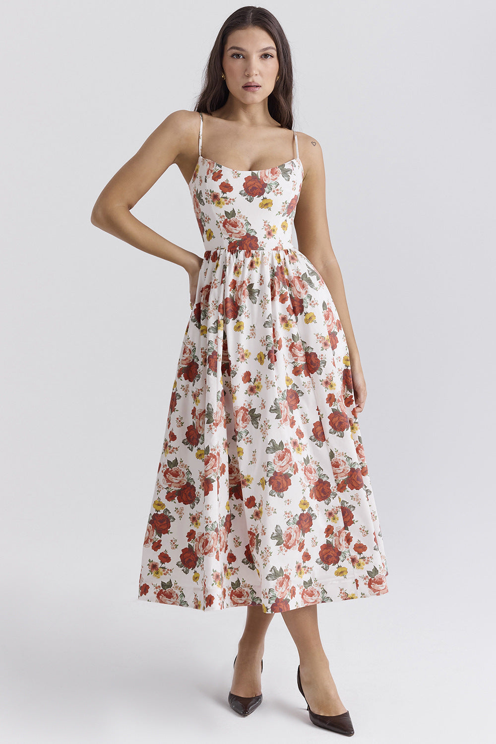 Damen Maxikleid mit floralem Print und verstellbaren Spaghettiträgern Heidi-Mode