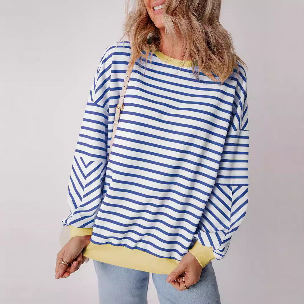 Damen lässiges gestreiftes Sweatshirt mit Boxy-Schnitt und kontrastierenden Abschlüssen Heidi-Mode