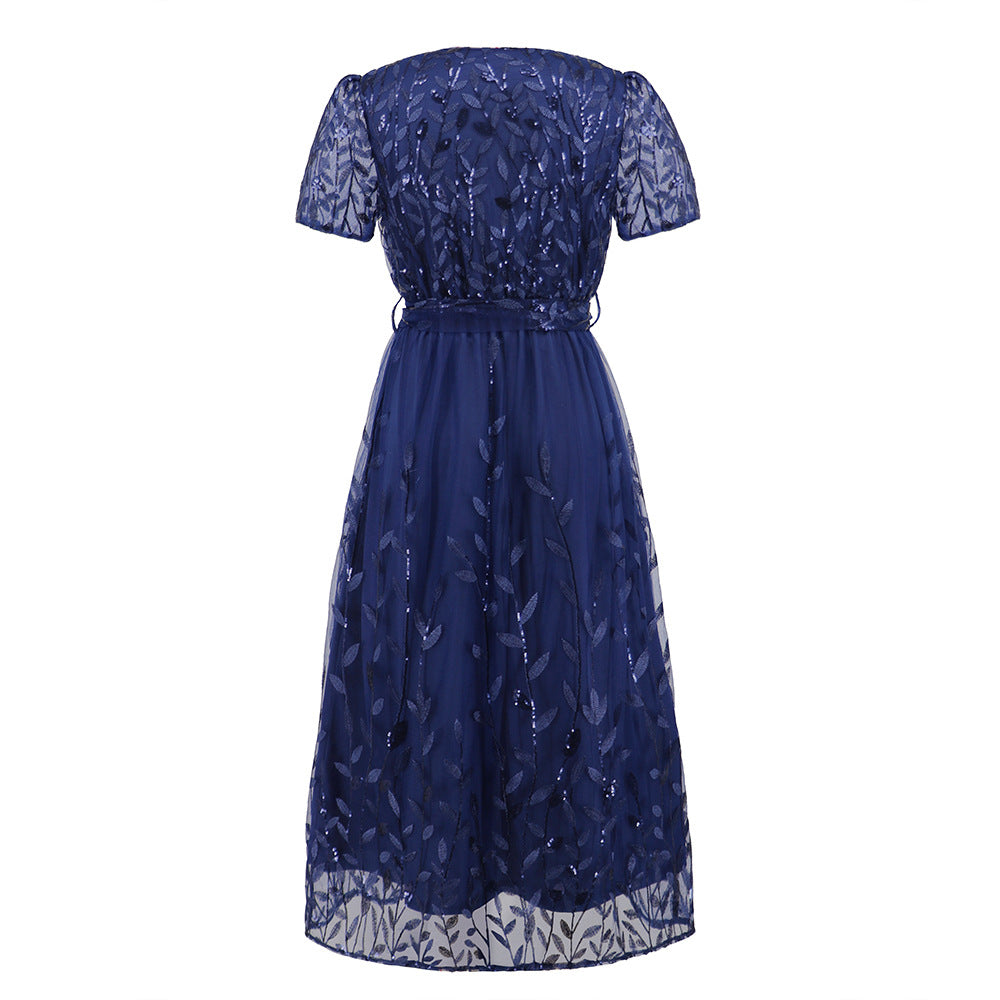 Heidi-Mode | Kurzärmliges Kreuz V-Ausschnitt Gürtel Midi Kleid
