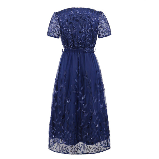 Heidi-Mode | Kurzärmliges Kreuz V-Ausschnitt Gürtel Midi Kleid