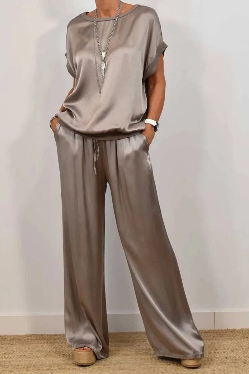 Damen Elegantes Satin Lounge-Set mit weitem Schnitt und lässigem Oberteil Heidi-Mode