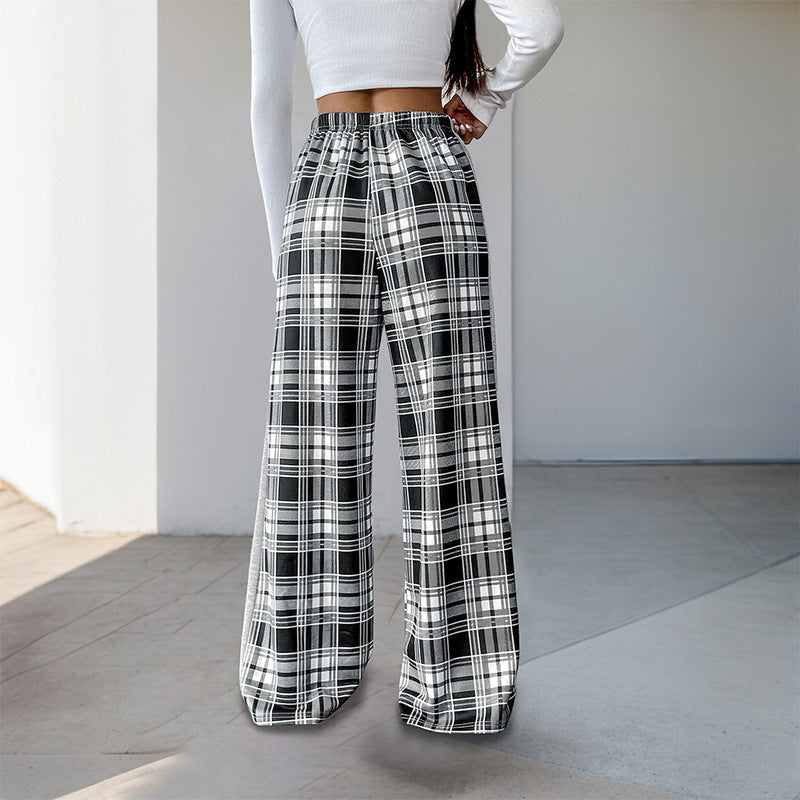 Damen weite Freizeithose mit Karo-Muster und verstellbarem Bund Heidi-Mode