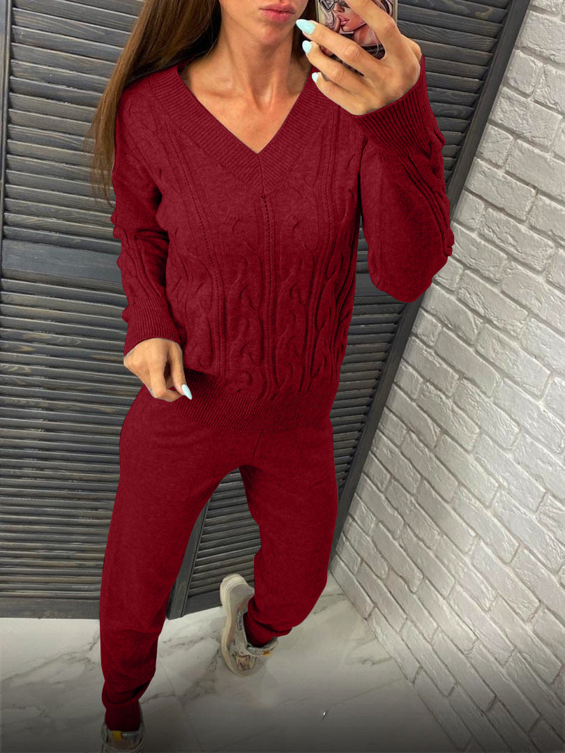 Damen Strickpullover und Jogginghose Set mit Zopfmuster Heidi-Mode