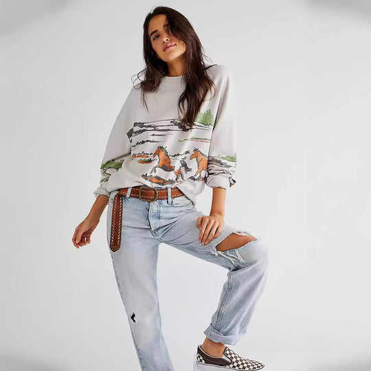 Damen Sweatshirt mit kreativer Pferdemotiv-Grafik und lässigem Schnitt Heidi-Mode