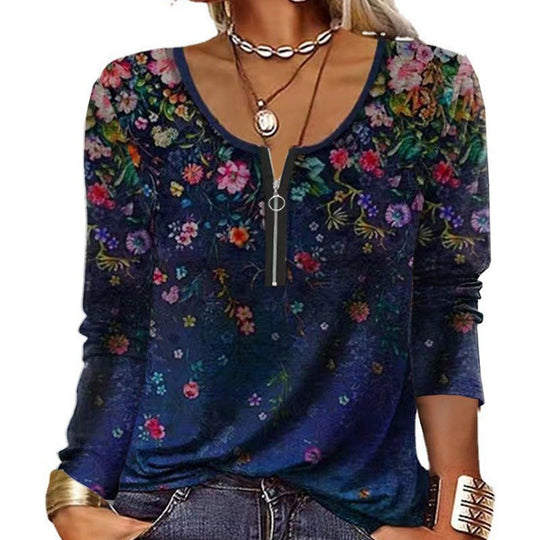 Damen Langarmshirt mit schimmerndem Glitzerdetail und halsfernem Reißverschluss Heidi-Mode