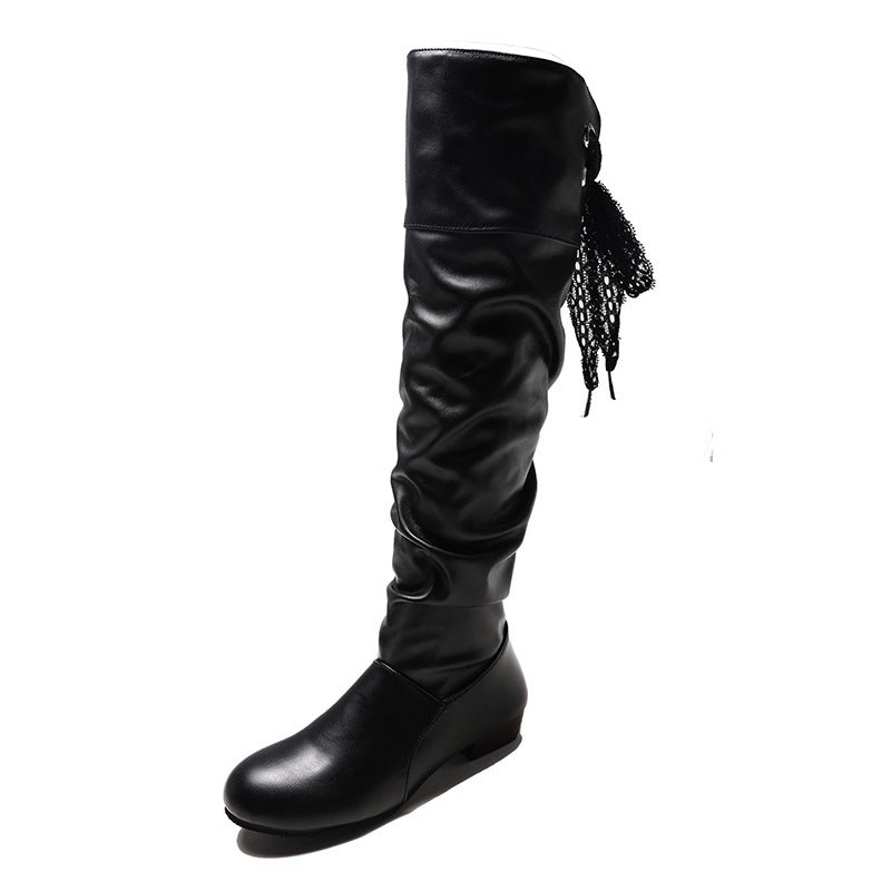 Damen Overkneestiefel mit modischem Rüschendesign und dekorativer Schleife Heidi-Mode