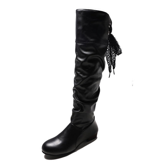 Damen Overkneestiefel mit modischem Rüschendesign und dekorativer Schleife Heidi-Mode