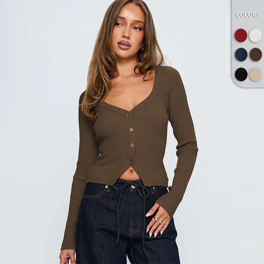 Damen Elegantes Ripp-Cardigan mit V-Ausschnitt und Knopfleiste Heidi-Mode