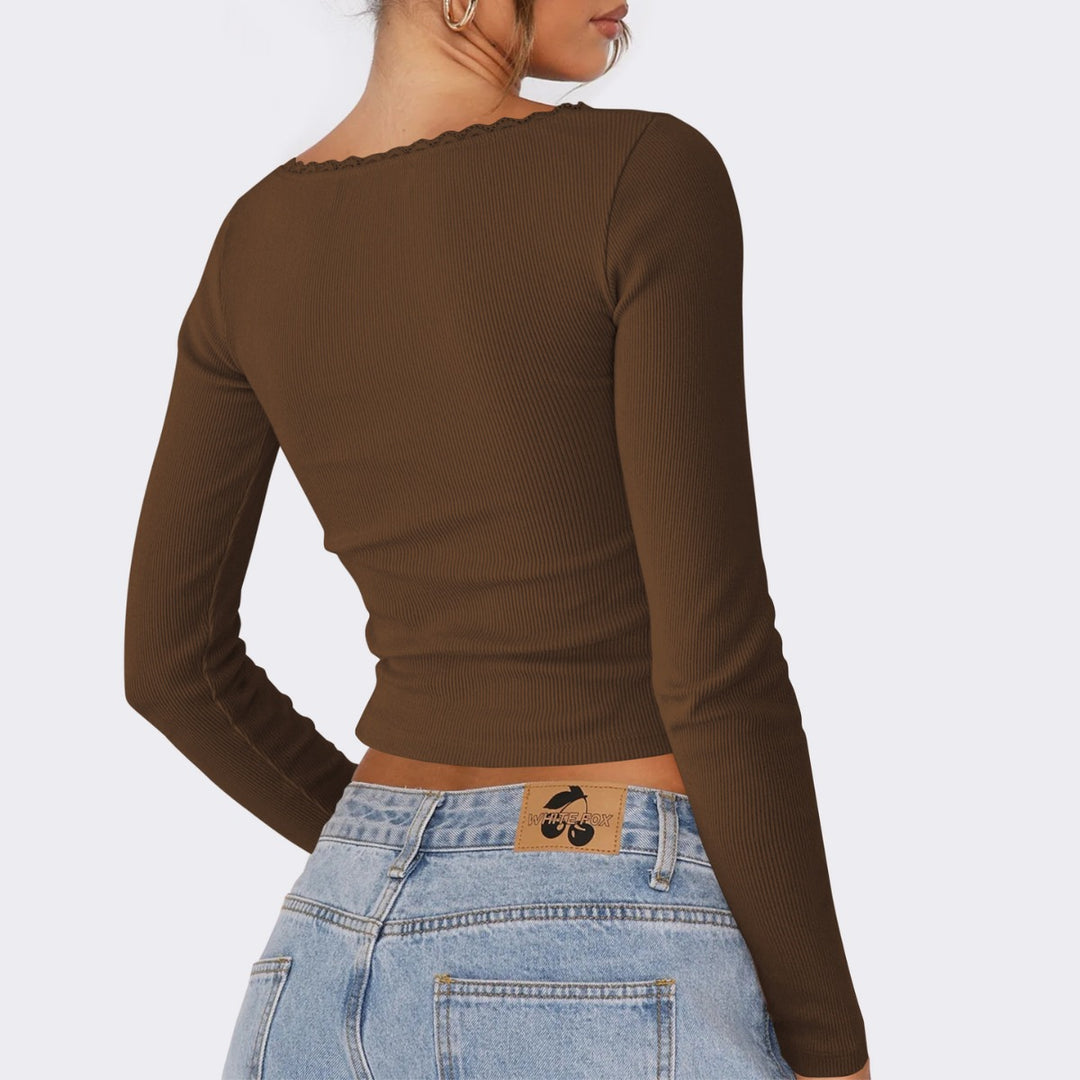 Damen Langarmoberteil mit feiner Spitzenkante und figurbetontem Schnitt Heidi-Mode