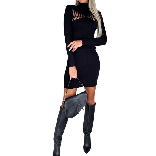 Damen figurbetontes Strickkleid mit Ausschnitt und Langarm Heidi-Mode