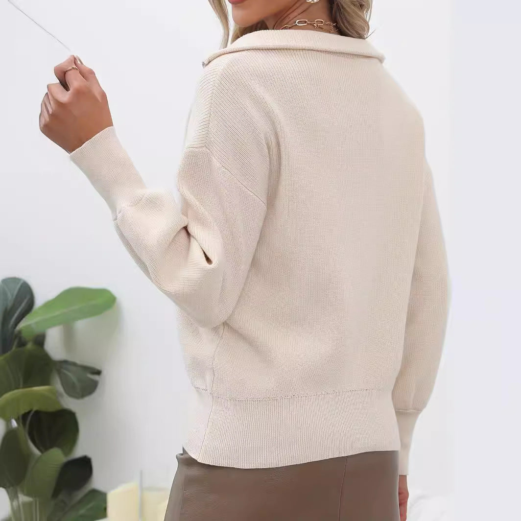 Damen lässiger Pullover mit modernem Zip-Kragen und volumetrischen Ärmeln Heidi-Mode