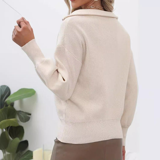 Damen lässiger Pullover mit modernem Zip-Kragen und volumetrischen Ärmeln Heidi-Mode