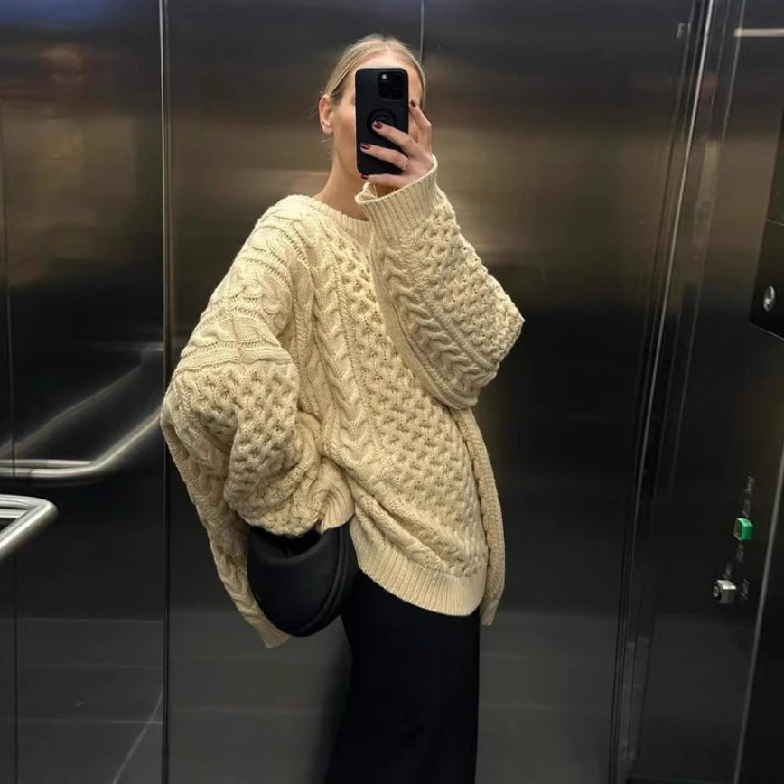 Damen oversize Strickpullover mit Zopfstrickmuster Heidi-Mode