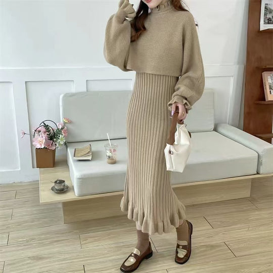 Damen Strickkleid mit hochgeschlossenem Kragen und Rippstruktur Heidi-Mode