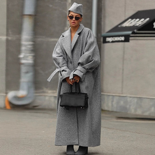 Damen Oversized Wollmantel mit gestreiftem Design und Gürtel Heidi-Mode