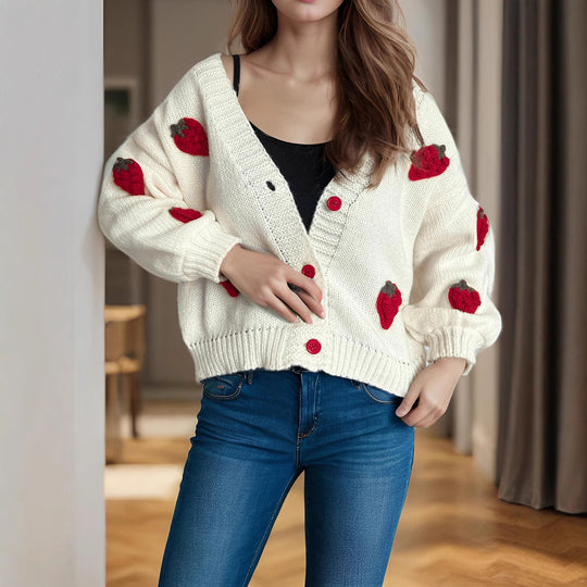 Damen Strickjacke mit verspielten Obstapplikationen Heidi-Mode