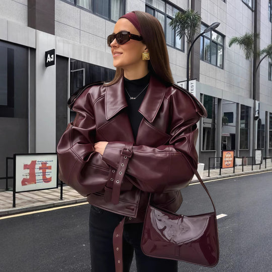 Damen oversized Kunstlederjacke mit statement-Manschetten Heidi-Mode