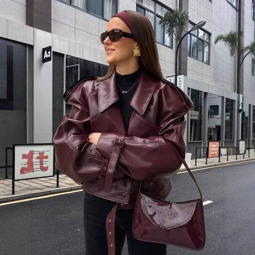 Damen oversized Kunstlederjacke mit statement-Manschetten Heidi-Mode